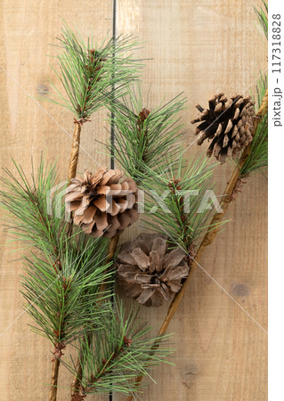 Artificial pine cones with branch. 117318828