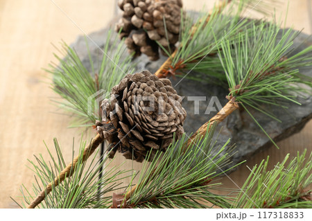 Artificial pine cones with branch. 117318833
