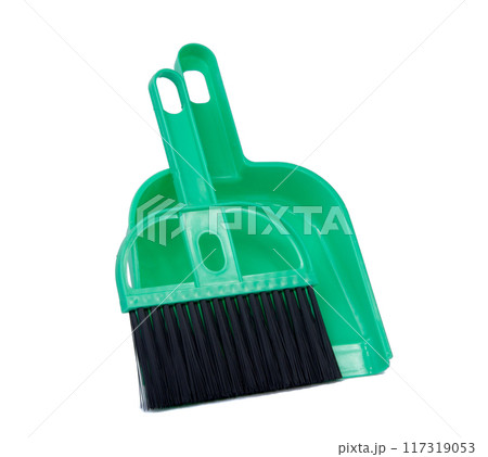 green dustpan scoop and brush isolated on the white green dustpan scoop and brush isolated on the white 117319053