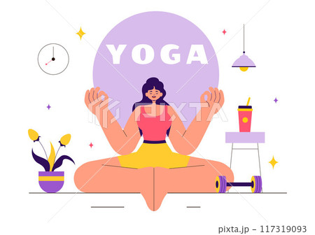 Vector illustration of Yoga and Meditation Practices featuring a Girl Exercising for Health Benefits in a Flat Style Cartoon Background 117319093