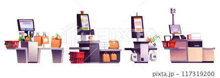 Supermarket self checkout service kiosk 117319200