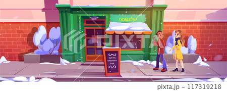 Teen boy and girl walk on city street 117319218