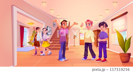 Teen friends meet in home hall interior. Teen friends meet in home hall interior. 117319256