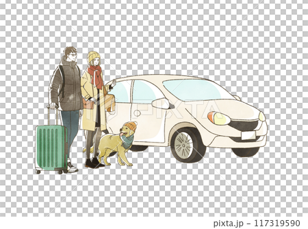 冬天開車旅行的一個男人，一個男人和一隻狗 117319590