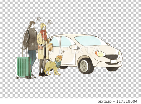 一個男人和一隻狗,表情困擾,冬天開車旅行 一個男人和一隻狗,表情困擾,冬天開車旅行 117319604