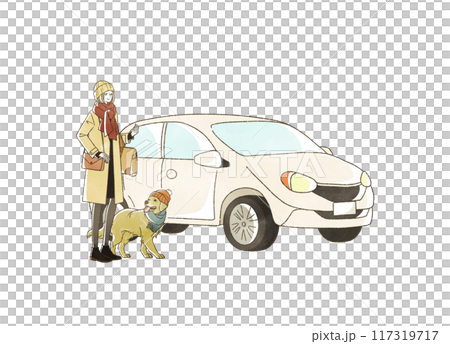 A woman and a dog traveling by car in winter 117319717