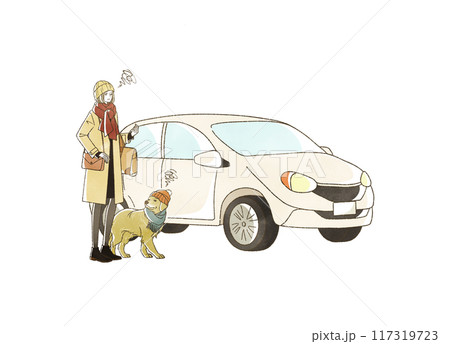 冬に車で旅行をする困った表情の女性と犬 117319723