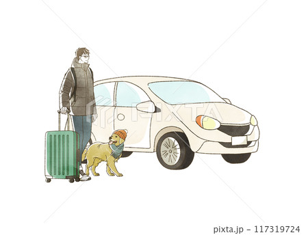 冬に車で旅行をすると男性と犬 117319724
