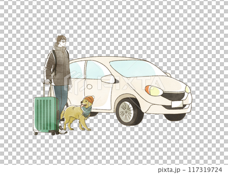 冬に車で旅行をすると男性と犬 117319724