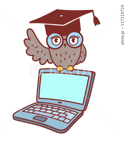 Cute owl character sitting on laptop 117319728