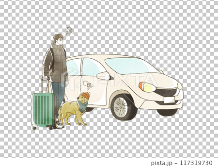 冬に車で旅行をする困った表情の男性と犬 冬に車で旅行をする困った表情の男性と犬 117319730