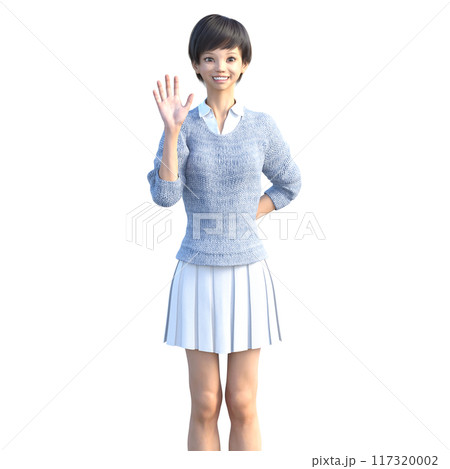 3DCG  笑顔で手を上げる若い女性　正面 117320002