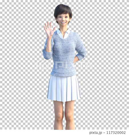 3DCG  笑顔で手を上げる若い女性　正面 117320002