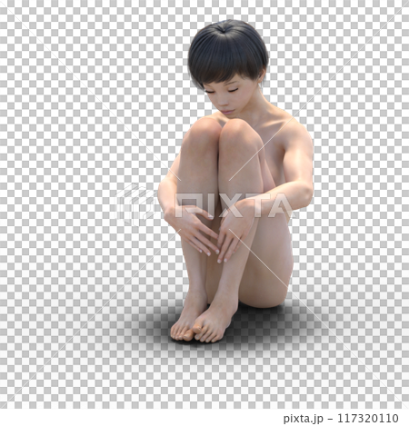 3DCG Woman sitting with knees hugged, looking sad 117320110