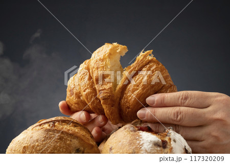 パン　焼きたてパン　湯気　手でパンを割る 117320209
