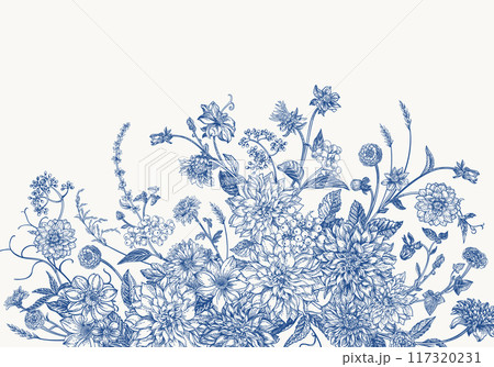 Vintage card with garden flowers in engraving style. Bouquet with chrysanthemums, dahlias, dogwood berries, zinnias, spikelets. Vector botanical detailed illustration. Blue Vintage card with garden flowers in engraving style. Bouquet with chrysanthemums, dahlias, dogwood berries, zinnias, spikelets. Vector botanical detailed illustration. Blue 117320231