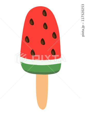 Ice cream watermelon on stick. Summer time sweet food. Vector flat illustration. 117320253