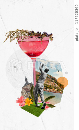Poster. Contemporary art collage. Golfer takes a swing next to vibrant cocktail garnished with botanicals against coast view. 117320360