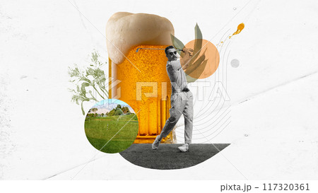 Poster. Contemporary art collage. Golfer swings confidently in front of frothy beer glass, merging elegance of game with joy of cold brew. 117320361