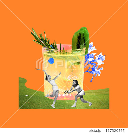 Poster. Contemporary art collage. Two female tennis player in monochrome filter playing game against orange background with lawn and huge cocktail. Poster. Contemporary art collage. Two female tennis player in monochrome filter playing game against orange background with lawn and huge cocktail. 117320365