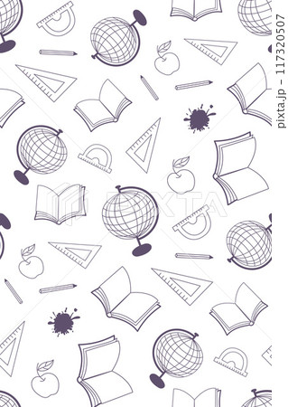 Seamless pattern with school supplies in doodle style. 117320507