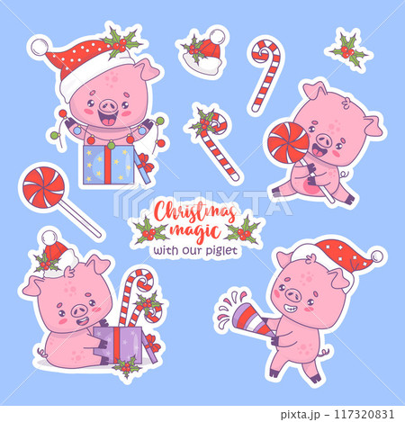 Cute Christmas pig stickers. Festive animal in Santa hat with gift box with striped candy cane, garland and firecracker. Isolated cartoon kawaii character. Vector illustration. Kids collection. Cute Christmas pig stickers. Festive animal in Santa hat with gift box with striped candy cane, garland and firecracker. Isolated cartoon kawaii character. Vector illustration. Kids collection. 117320831