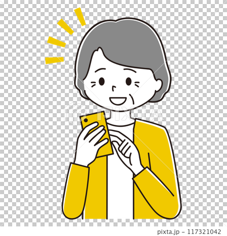 スマホをタップして気付く高齢女性のイラスト スマホをタップして気付く高齢女性のイラスト 117321042