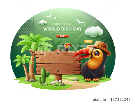 International World birds day. hornbill wearing hat, Hornbill sits on a wooden sign empty in the green forest on green background 117321242