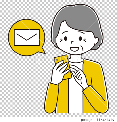 Illustration of an elderly woman checking emails on her smartphone 117321315