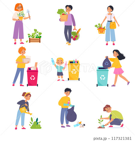 Ecology with People Character Save Planet Vector Set 117321381