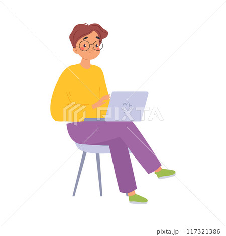Coworking with Man Character at Workspace at Laptop Vector Illustration 117321386