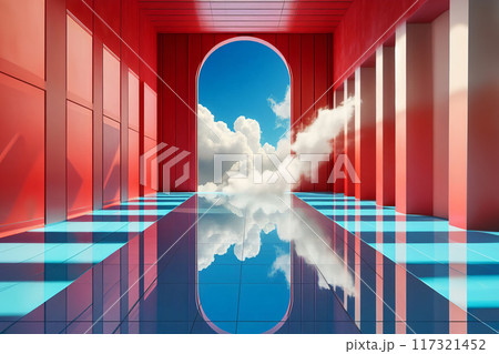 Captivating scene merging indoors and outdoors, red wall, reflective blue floor, arched doorway with sky and clouds flowing inside, 117321452