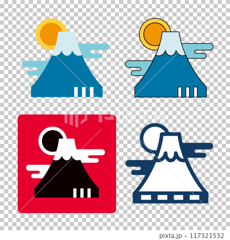 A set of icons of Mt. Fuji in various styles. An illustration motif of Mt. Fuji and the first sunrise. 117321532