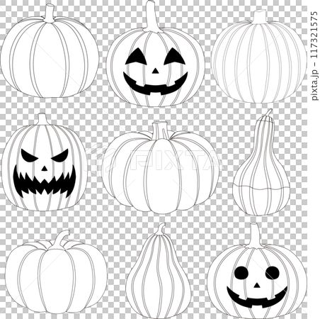 Pumpkins and Jack-o'-Lanterns (black and white) Pumpkins and Jack-o'-Lanterns (black and white) 117321575
