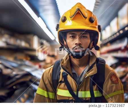 瓦礫の前でヘルメットをかぶった男性のイメージ素材 瓦礫の前でヘルメットをかぶった男性のイメージ素材 117321987