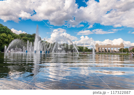 Fountain in the Gorky Park in hot summer day. Fountain in the Gorky Park in hot summer day. 117322087