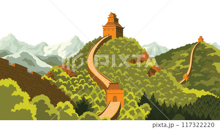 Great wall china landscape. Chinese prominent monumental giant structure. Wall sections on green mountains for travel and tourism, flat style concept 117322220
