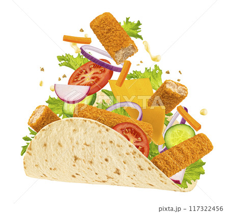Doner kebab with fish fingers, falling shawarma ingredients isolated on white background, full depth of field Doner kebab with fish fingers, falling shawarma ingredients isolated on white background, full depth of field 117322456