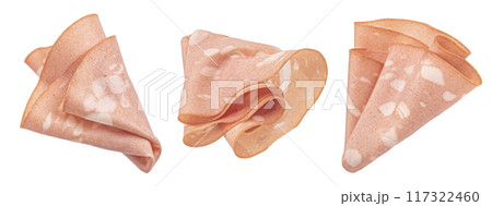 Mortadella sausage slices isolated on white background with clipping path, full depth of field Mortadella sausage slices isolated on white background with clipping path, full depth of field 117322460