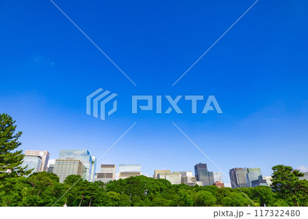 皇居東御苑・江戸城跡の公園の木々越しに見える、都会・丸ノ内・大手町・日比谷のビル(東京都千代田区) 皇居東御苑・江戸城跡の公園の木々越しに見える、都会・丸ノ内・大手町・日比谷のビル(東京都千代田区) 117322480