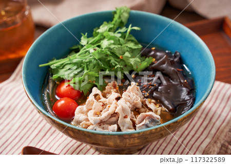 春雨の麺に豚肉とキクラゲなどをトッピングした麻辣湯 春雨の麺に豚肉とキクラゲなどをトッピングした麻辣湯 117322589