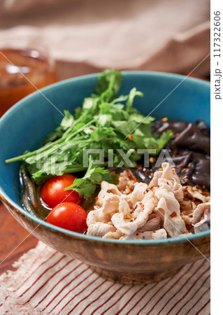 春雨の麺に豚肉とキクラゲなどをトッピングした麻辣湯 春雨の麺に豚肉とキクラゲなどをトッピングした麻辣湯 117322606