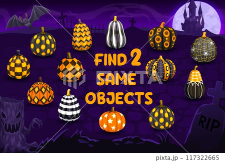 Find two same Halloween patterned pumpkins on cemetery, kids game. Vector educational riddle for children, search the similar objects leisure activity with cartoon pumpkins and haunted castle night 117322665