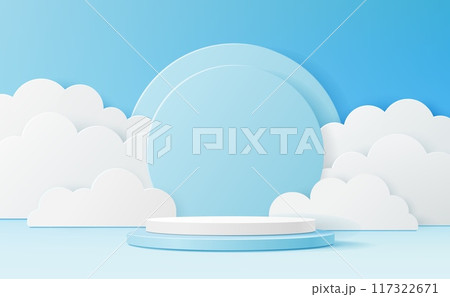 Blue podium with paper cut clouds on sky background. Vector 3d product display podium, stage or scene with round pastel blue base and origami white clouds. Geometric shape presentation stand, platform Blue podium with paper cut clouds on sky background. Vector 3d product display podium, stage or scene with round pastel blue base and origami white clouds. Geometric shape presentation stand, platform 117322671