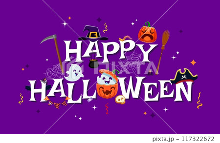 Funny cute kawaii ghosts on happy Halloween banner. Autumn creepy holiday, Happy Halloween horror festive party vector banner or print with pumpkin, pirate and witch hat, ghost kawaii characters 117322672