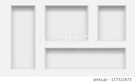 3d wall niches. Vector empty box shelves, display stand or showcase realistic mockup. Showroom, gallery, studio or shop product presentation 3d rectangular niches or shelves in white wall 3d wall niches. Vector empty box shelves, display stand or showcase realistic mockup. Showroom, gallery, studio or shop product presentation 3d rectangular niches or shelves in white wall 117322673