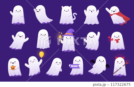 Halloween kawaii ghosts characters with trick or treat holiday pumpkin and witch hat costume. Cute cartoon Halloween ghost monsters vector personages with Dracula vampire cape, devil horns, bat wings Halloween kawaii ghosts characters with trick or treat holiday pumpkin and witch hat costume. Cute cartoon Halloween ghost monsters vector personages with Dracula vampire cape, devil horns, bat wings 117322675