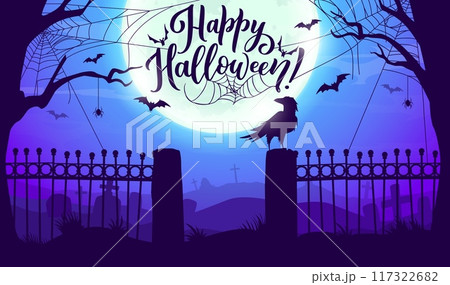 Halloween cemetery silhouette landscape with cobweb, bats and gravestones. Happy Halloween celebration vector background with flying at night bats, raven on cemetery fence, full moon and dry trees 117322682
