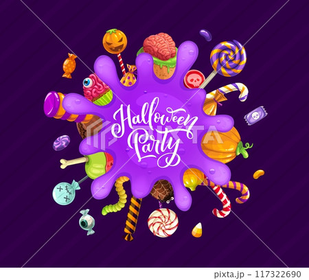 Halloween banner with purple slime blob and holiday sweets and candies. Happy Halloween event, fall season horror celebration or party vector print with lollypop candy, jelly worm, apple and cake 117322690