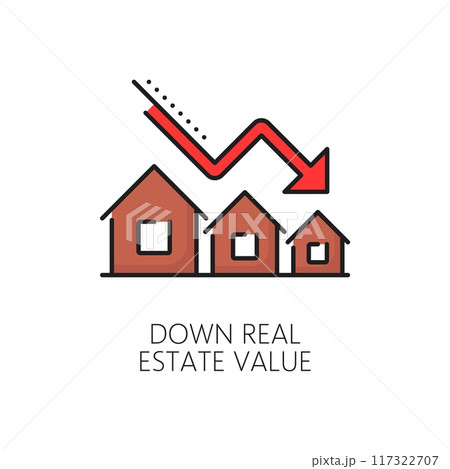 Down real estate value color line icon, housing market and economic crisis. House price decline graph vector outline symbol with down arrow and buildings. Economy, finance and business recession 117322707